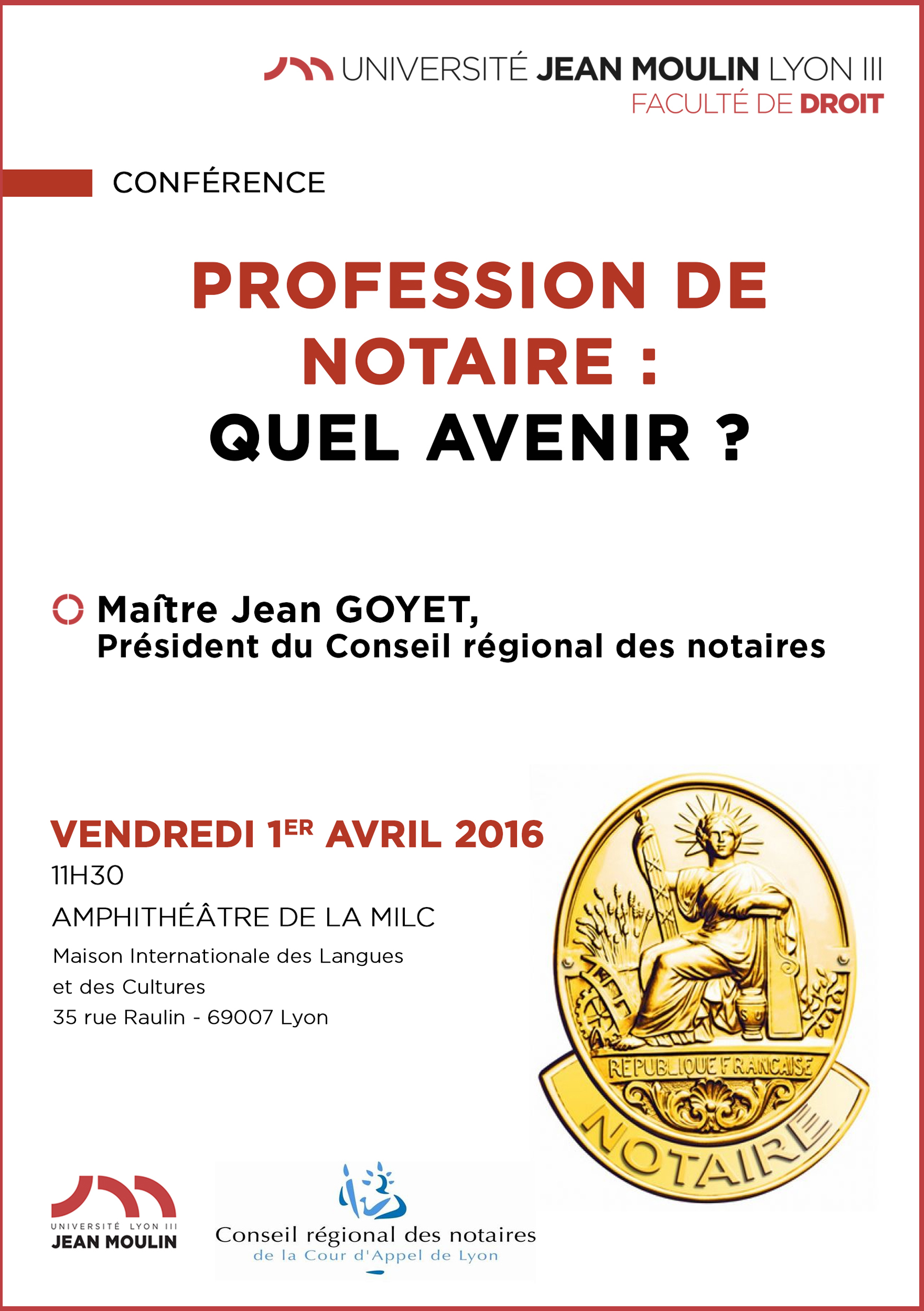 affiche conférence 1 avril, conférence sur la profession de Notaire